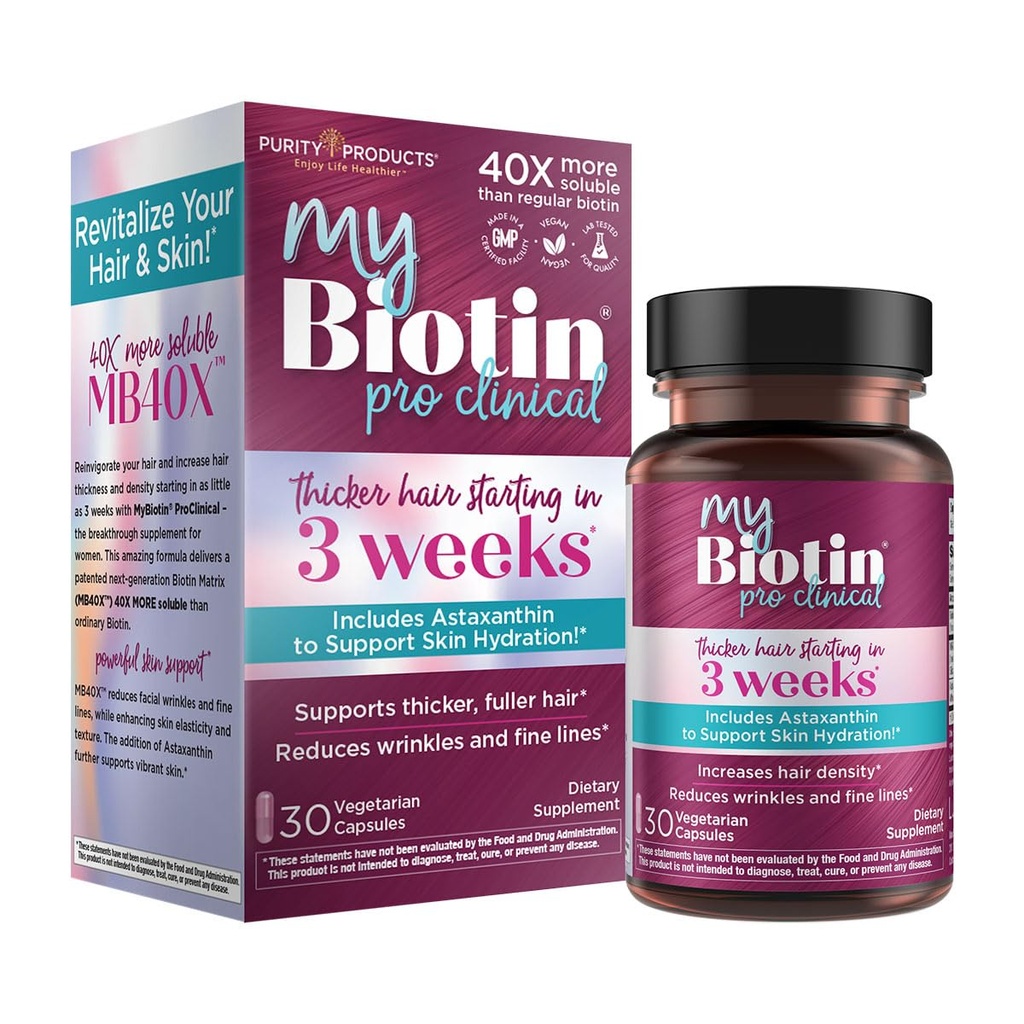 Prodotti di purezza MyBiotin ProClinical – Capelli Thicker A partire da 3 settimane e combattimenti rughe - MB40X Brevettato Biotin Vitamina B7 Matrix w/Astaxanthin - 40X Più solubile vs Biotina ordinaria, 30 Veg Capsule