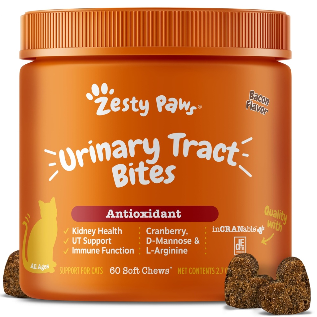 Zesty Paws Cranberry Tract Bites urinario per gatti - Rene & Urinary Tract Health - Cuciture morbide con D-Mannose, Vitamina B6 & L-Arginina - Supporto Immune & Gut - Bacon - 60 Conte