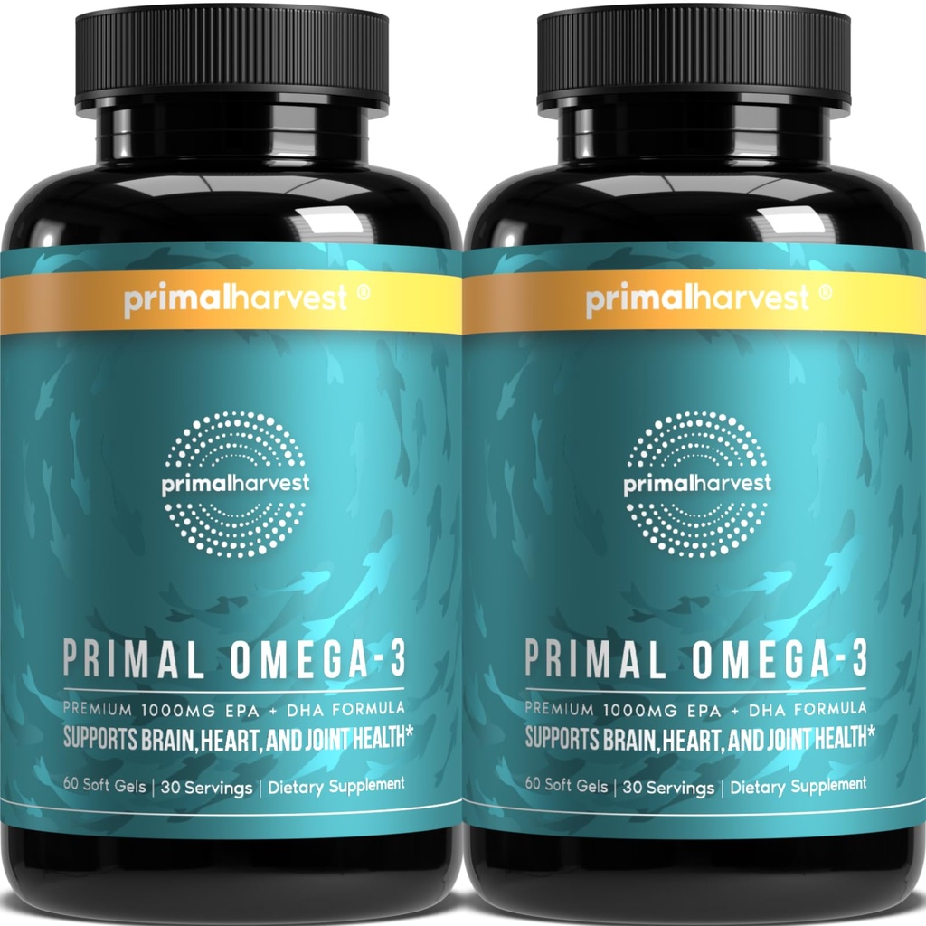Primal Harvest Omega 3 Fish Oil Integratori, 30 Servings Soft Gels Capsule w/ 1000mg EPA + DHA Integratori, No Fishy Burps Non-OGM Omega 3 Grassty Acid, 2 Pack