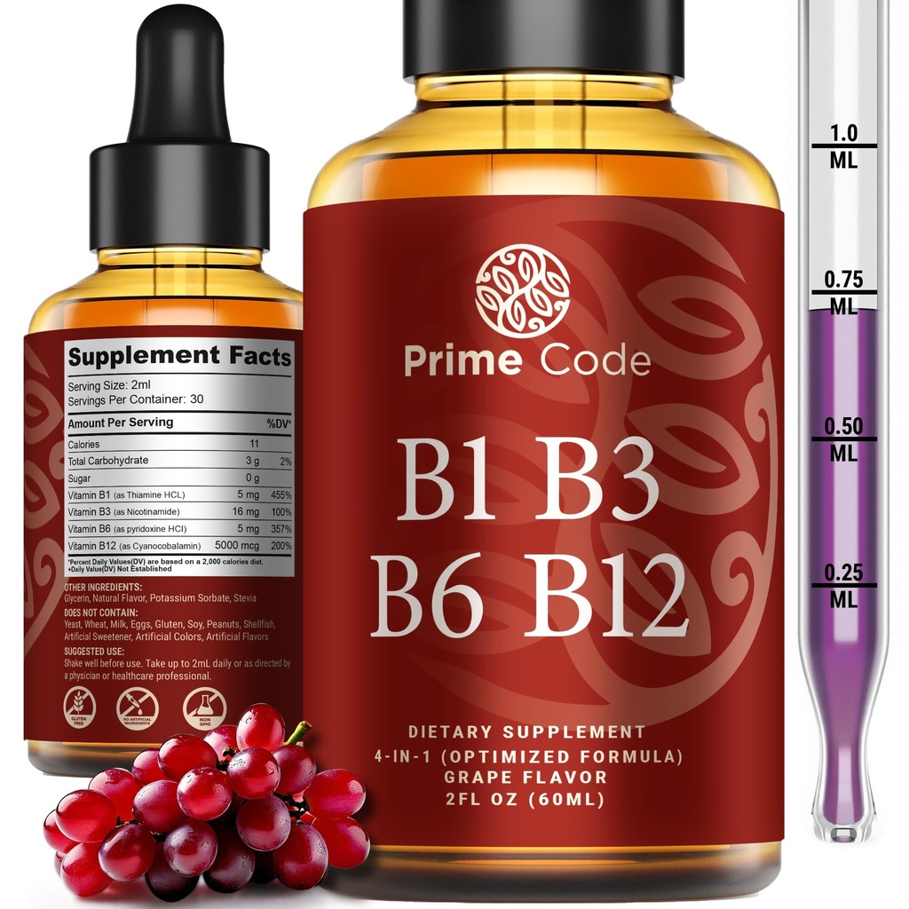 Prime Code Liquid Vitamina B1 Gocce con vitamina B3 B6 & B12 | B Complex Liquid Supplemento | Thiamine Supplemento per adulti | Alto assorbimento | Supporto immunitario | Non-GMO | Gluten-Free