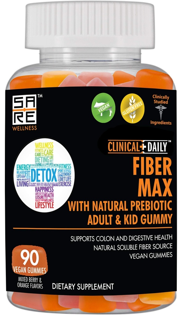 CLINICAL DAILY Fiber Max, Vegan High Fiber Gummies per adulti e bambini. Rilievo di costipazione per adulti e bambini. 90 Gummie lassative prive di glutine per la riparazione del fegato