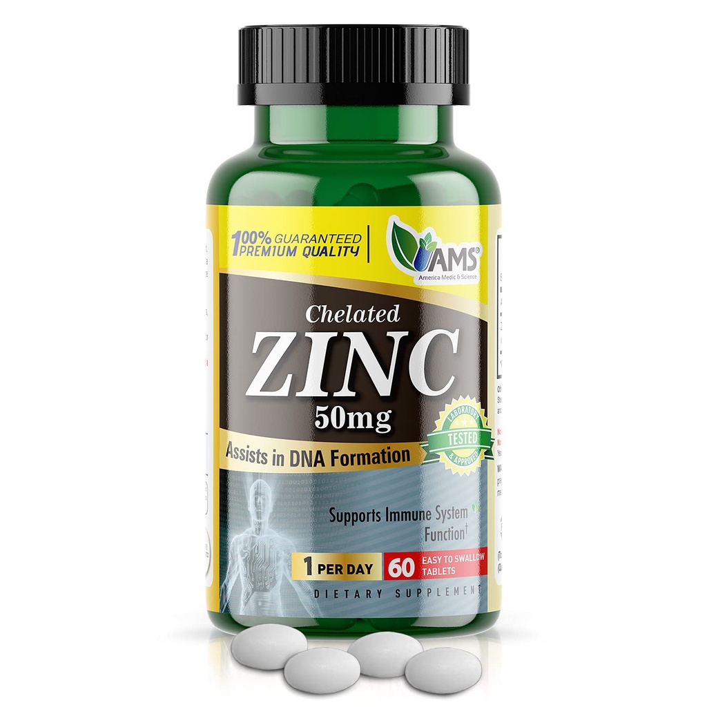 America Medic & Science Chelated Zinc 50 mg Integratori (1 Confezione da 60 compresse) Booster immunitario e potenti pillole antiossidanti per adulti Uomini e donne | Minerali altamente assorbibili, migliora il sonno