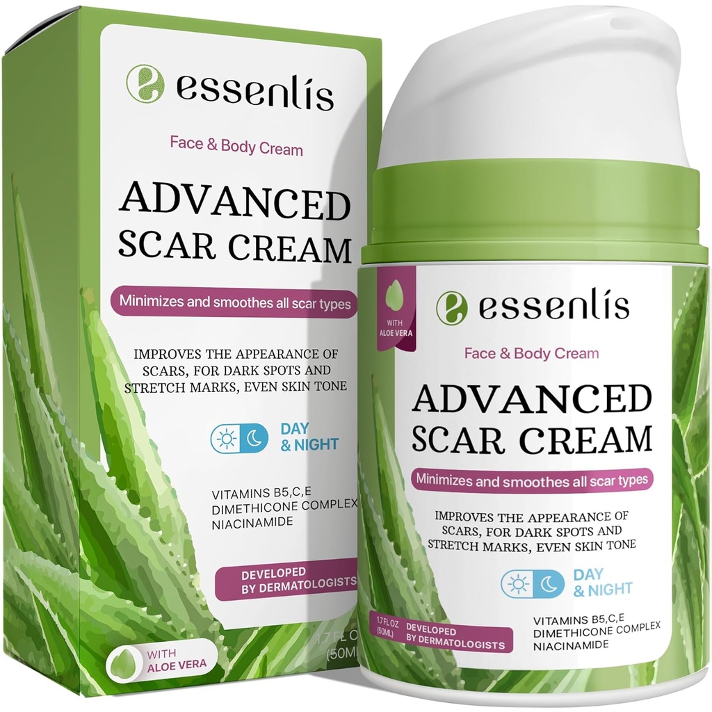 Crema per la rimozione delle cicatrici per le donne e gli uomini, Riparazione rapida di nuove cicatrici, Spots, Brucia tutto il trattamento naturale con vitamina E, B5, C, Aloe Vera, 1.7 Fl Oz