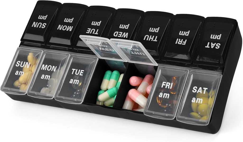 7 giorno settimanali AM PM Pill Organizer, 2 volte un giorno grande pillola Case Pill Box per pillole Integratori di vitamina Medica (nero + bianco, 2 volte)