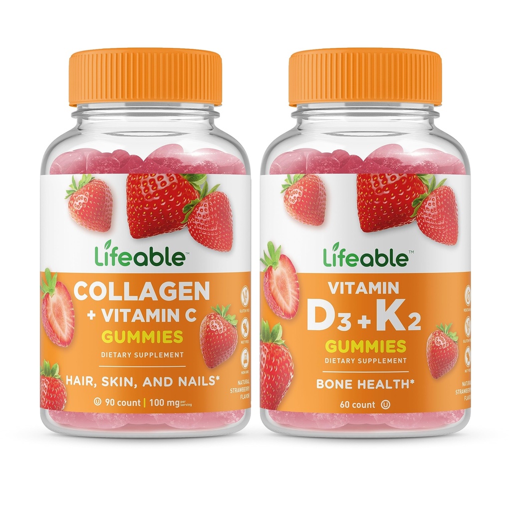 Collage vitale & Vitamina C + Vitamina D3 + Vitamina K2, Gummies Bundle - Grande Degustazione, Supplemento di vitamina, Senza glutine, OGM libero, pancia masticabile