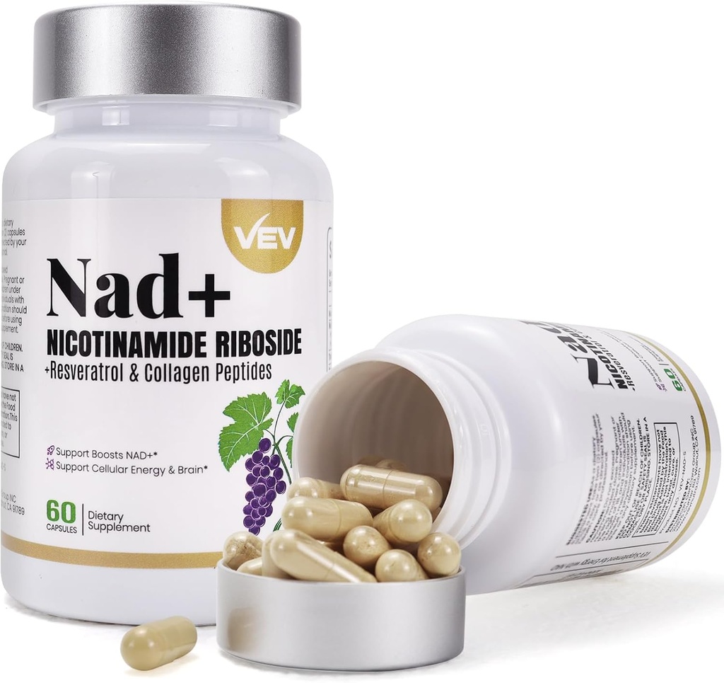 VEV NAD Supplemento capsule - Nicotinamide Riboside, Multi-Collagen,CoQ10 -NAD supplemento per la pelle - 60 capsule*2