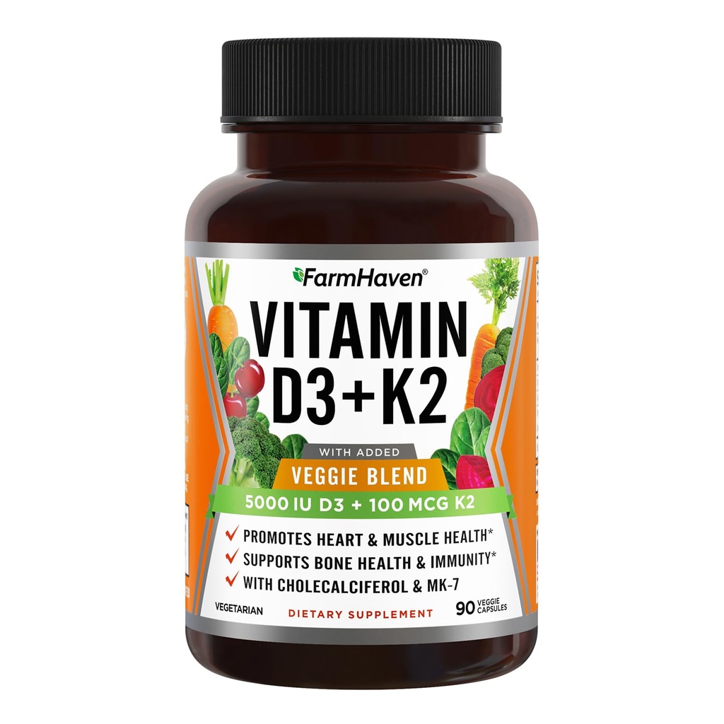 FarmHaven Vitamin D3 K2 Capsule - 5000 IU D3 e 100 mcg K2 - Cholecalciferol MK7 con Veggie Fruit Blend - Vitamina D K2 Supplemento per Immune System & Heart Health - Vegetariano, Non OGM, 90 Caps