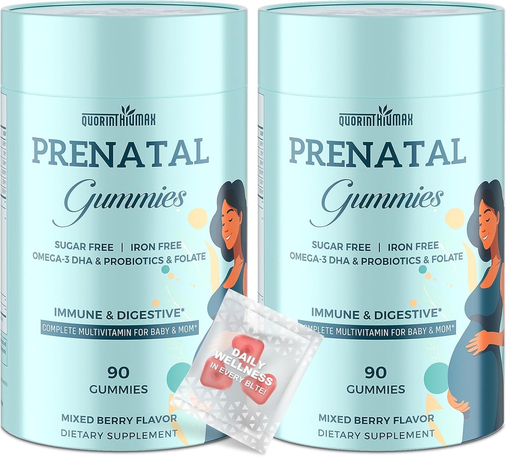 Gummie Prenatali Sugar Free 180 Count - Vitamine Prenatali Organici per le Donne con Folate, DHA & Probiotici - Vitamine Prenatali Iron Free per Immune & Digestive - 2 Bottiglie