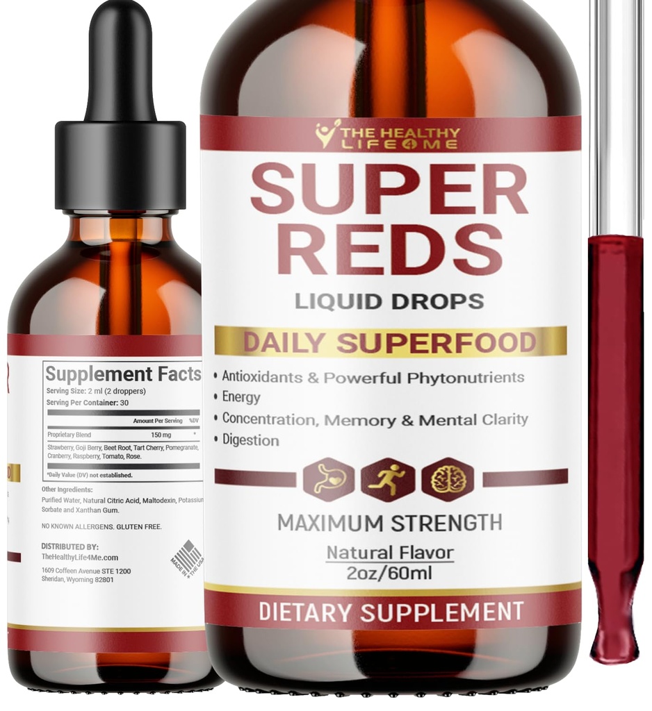 Liquid Super Reds Phytonutrient Superfood Drops | Phytonutrient Blend contenente Polyphenols | Antioxidants & More | Great Taste 2oz - 30 Day Supply