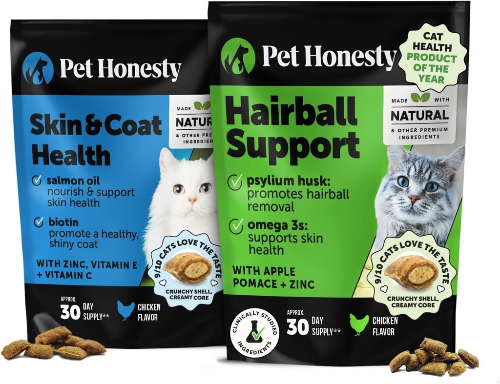 Cat Skin & Coat Health & Hairball Support Bundle: Omegas & Biotin Chews per Shiny Coat & Furball Remedy (Fornitura Pollo 30-Day)