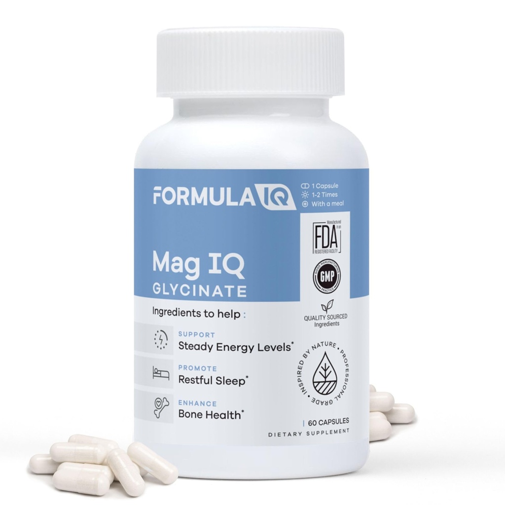 FIQ - Mag IQ Glycinate - Magnesio Bisglycinate Chelate TRAACS - Alto assorbimento Magnesio Glycinate Supplemento - Sonno, Energia Giornaliera, & Bone Wellness - 60 capsule