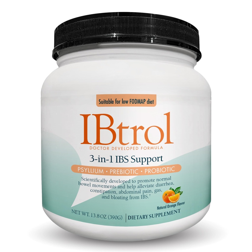 IBtrol® 3–in–1 IBS Gut Health Supplement con Psyllium, Prebiotici e Probiotici, gestisce IBS Symptoms, Gas, Bloating, Diarrea, costipazione, dolore addominale 60 Serve (Natural Orange Flavor)