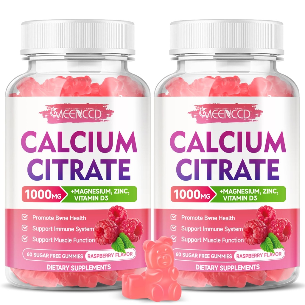 2 Confezione Citrato Citrato Gummies 1000mg w/Vitamin D3, Calcium ad alto assorbimento Gummies per le donne e gli uomini, Plus Magnesium, Potassium, Zinc per il muscolo & Immune, Raspberry Flavor, 120 Count