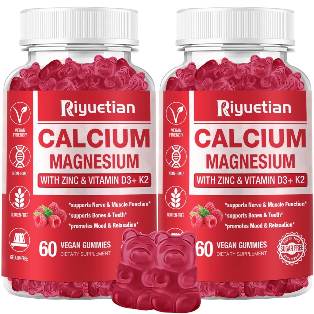 Calcium Gummies + Magnesio e zinco con vitamina D3 & K2, supplemento di calcio ad alto assorbimento per Bone, denti e supporto immunitario, non OGM, Vegan, 120 conte