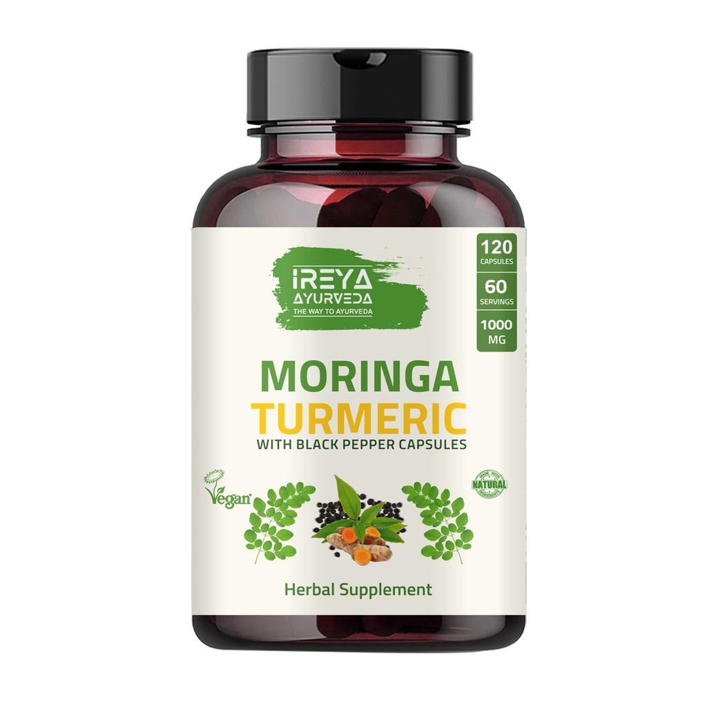 Polvere organica di Moringa Oleifera & polvere di radice di curcuma con Blackpepper 120 capsule | Realizzata con Moringa organico, Turmerico e pepe nero | Vegan, senza glutine e non OGM.