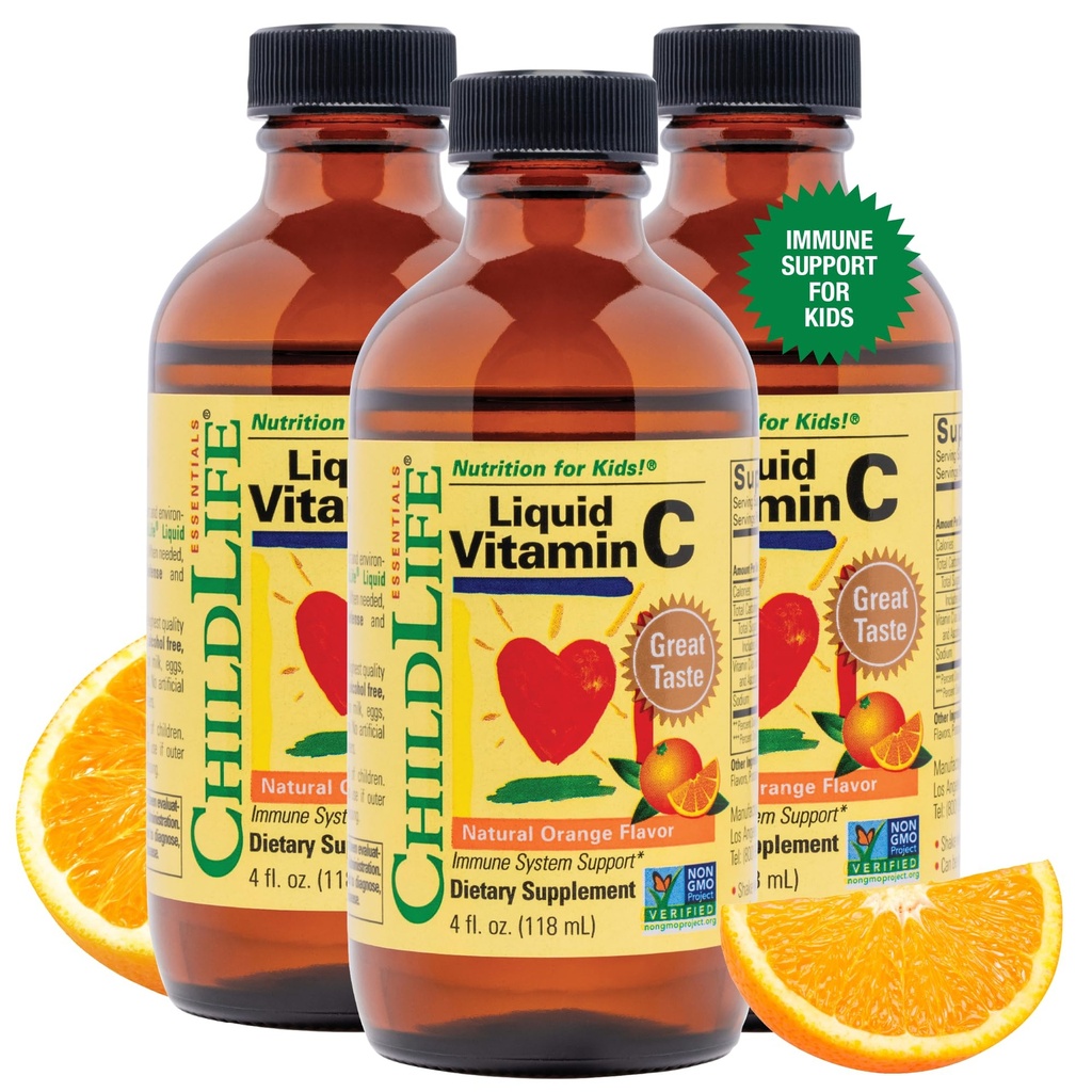 CHILDLIFE ESSENTIALS Liquid Vitamin C - Pure Vitamina C Liquid Supplemento per bambini, Immune System Support, Great Taste - Natural Orange Flavor, 4 Fl Oz (Pack of 3)