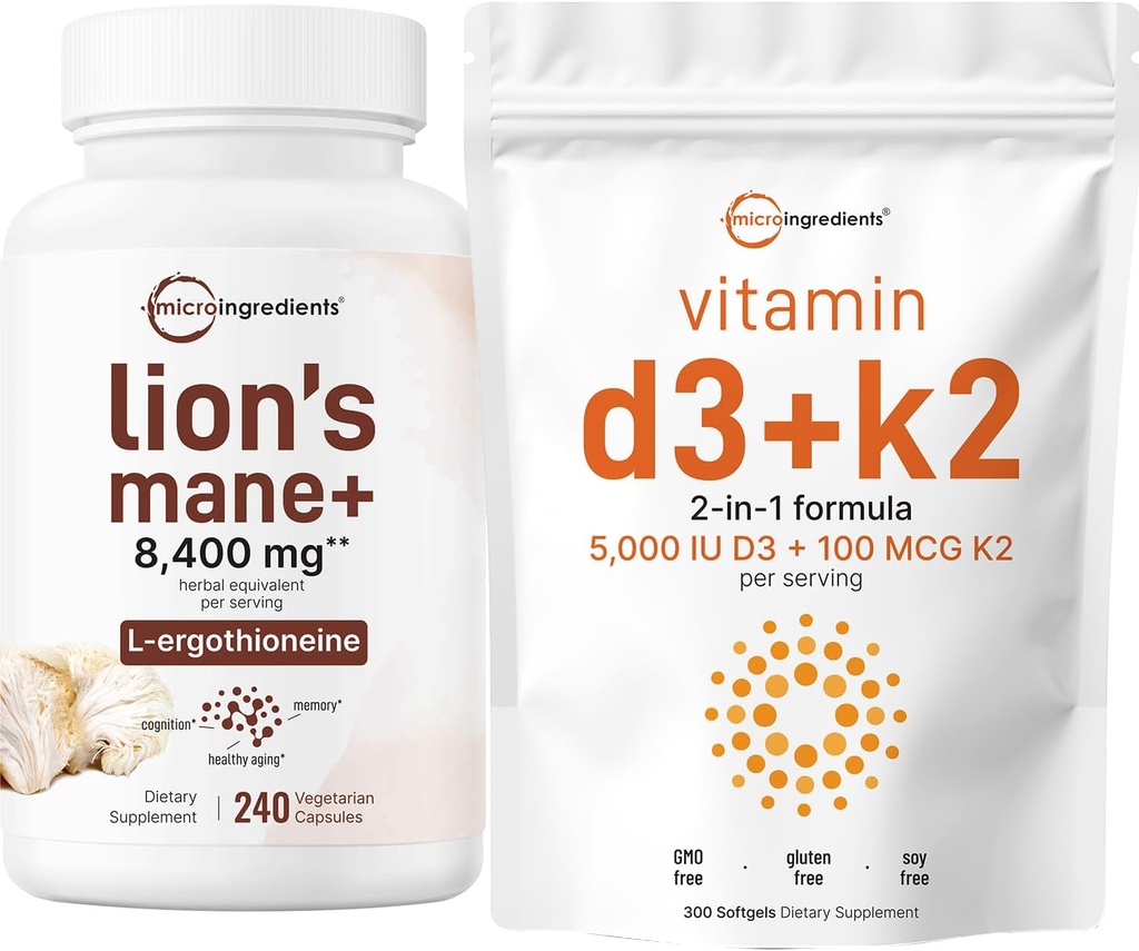 Micro ingredienti Vitamina D3 5000iu + K2 100mcg Softgels & Lions Mane Supplemento 240 capsule vegetali Bundle 2 Pack | Vitamine di sole essenziali | Antiossidanti superfood Mushroom con L-Ergothioneine