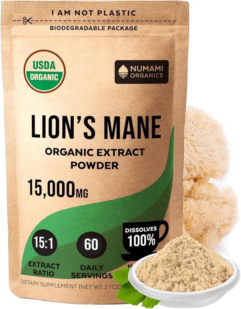 Numami Organic Lions Mane Mushroom Extract Powder | Doppia estrazione per alta potenza | Facilmente Dissolves in Daily Tea Coffee o Smoothie per migliorare la funzione cognitiva