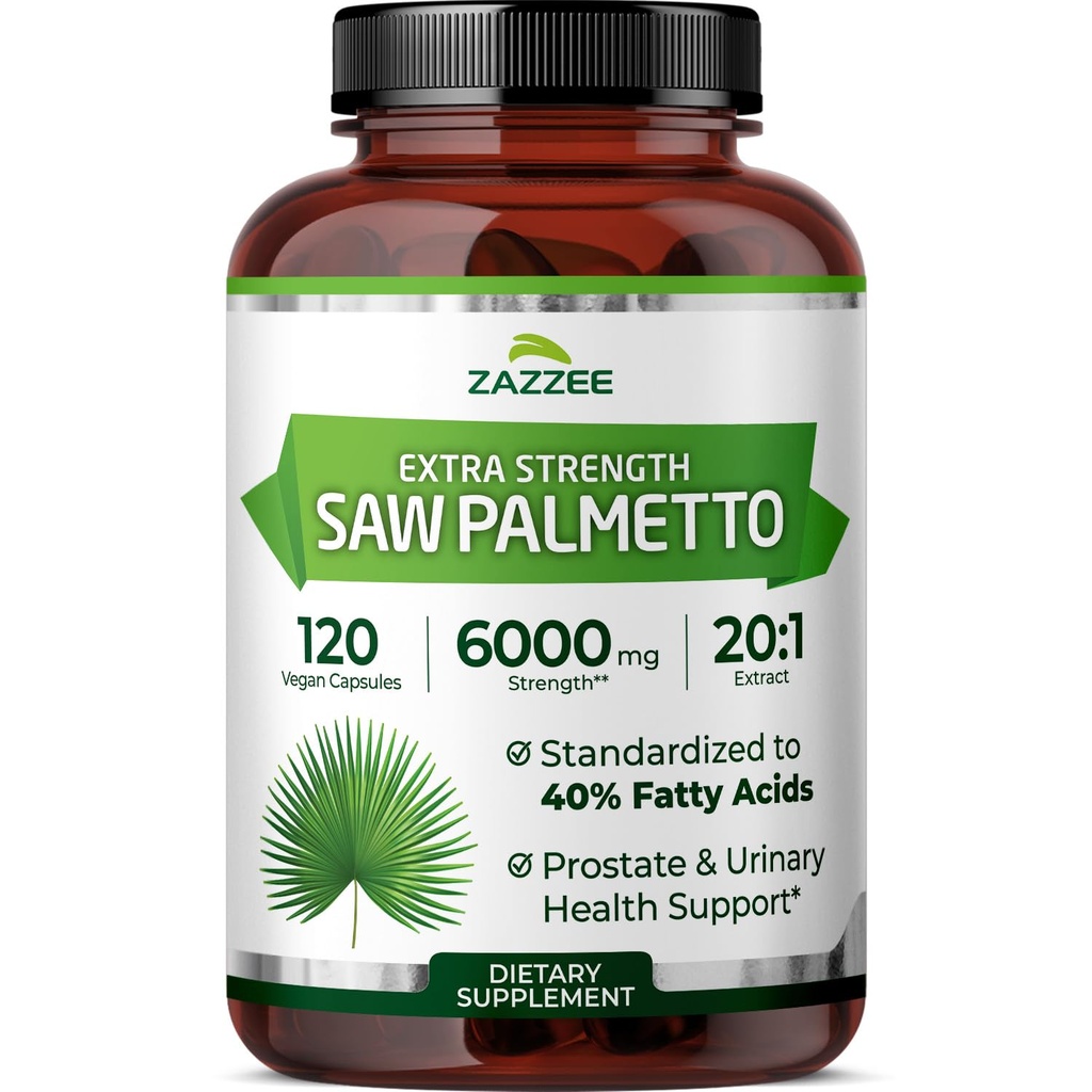 Estratto di Palmetto 20:1, 6000 mg di resistenza, 40% di acidi grassi, 120 capsule vegane, 4 mesi di alimentazione, Concentrato e standardizzato 20X estratto, Non OGM, All-Natural, Made in USA