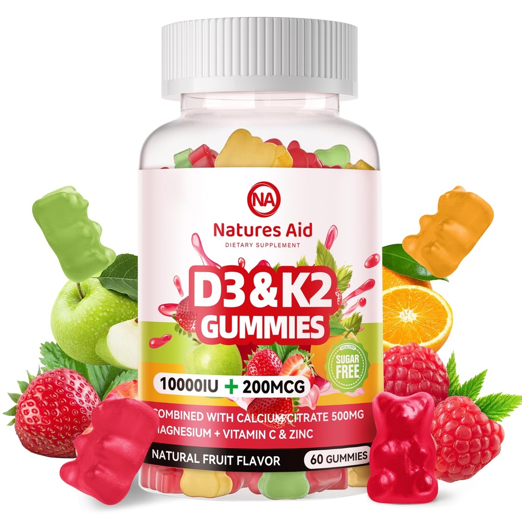 Nature Aid Zucchero-Free Vitamina D3 K2 Gummies con Calcio + K2 (MK-7), Citrato di Magnesio, Vitamina C, Extra Forza - Assorbimento finale per i denti del muscolo Bone Immune, Vegan - 60 Gummies
