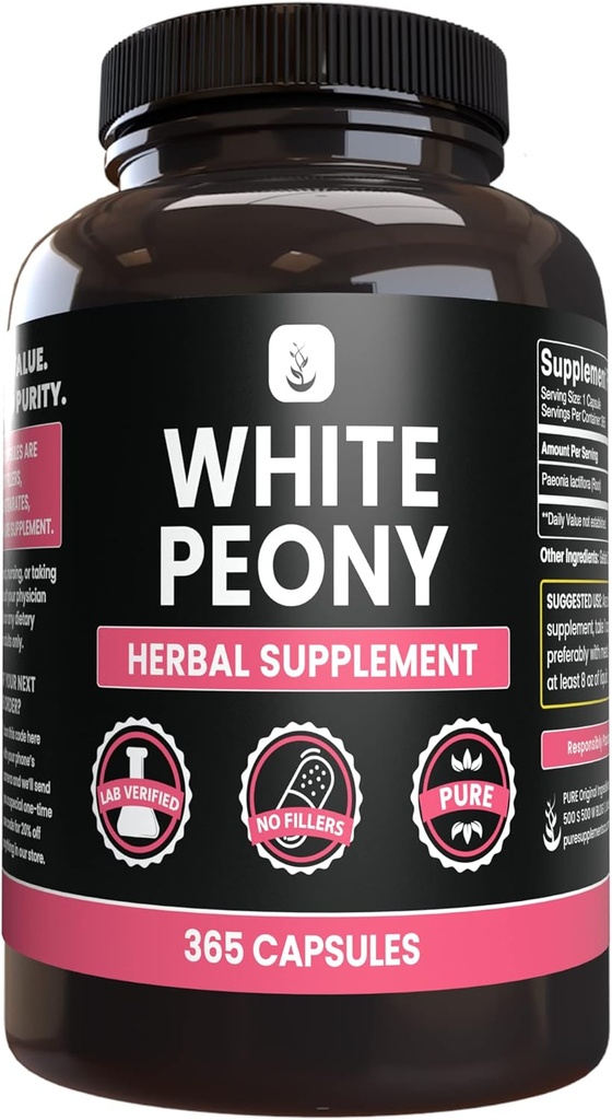 PURE ORIGINAL INGREDIENTI Peonia bianca (365 capsule) Nessun filler di magnesio o di riso, sempre puro, verificato il laboratorio