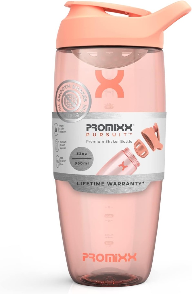 Promix Pursuit Protein Shaker Bottiglia (32 oz) – Silent No-Ball Mixer, Leak-Proof Lid, BPA/BPS & Phthalate-Free ECOZEN – Easy-Clean Shaker Cup for Protein Shakes, Pre & Post-Workout Smoothies