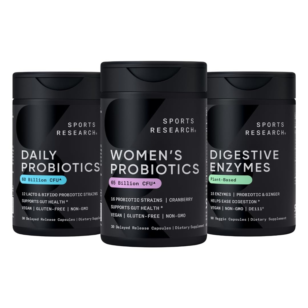 Ricerca sportiva Tutti Vegani: Probiotici giornalieri con Prebiotici (60 miliardi di CFU), Enzimi Digestivi con Probiotici & Ginger (Plant Based) & Probiotici Donna con Prebiotici (65 miliardi di CFU)