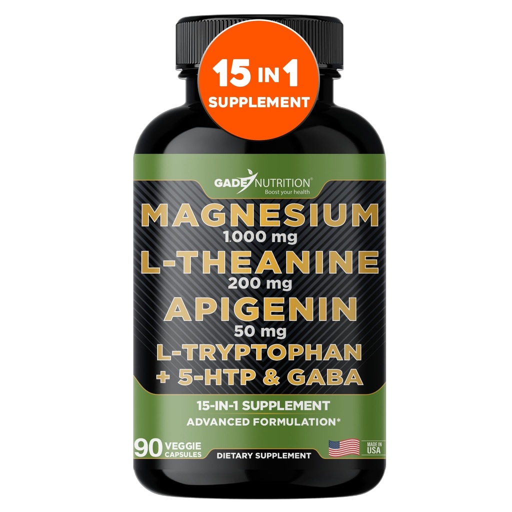 Gade Nutrition Magnesium Glycinate & Magneisum Integratori con Apigenin, L Theanine 200 mg, 5 HTP, GABA Calm Brain Booster Supplement Sleep Aid Ashwagandha L Tryptophan Chamomile