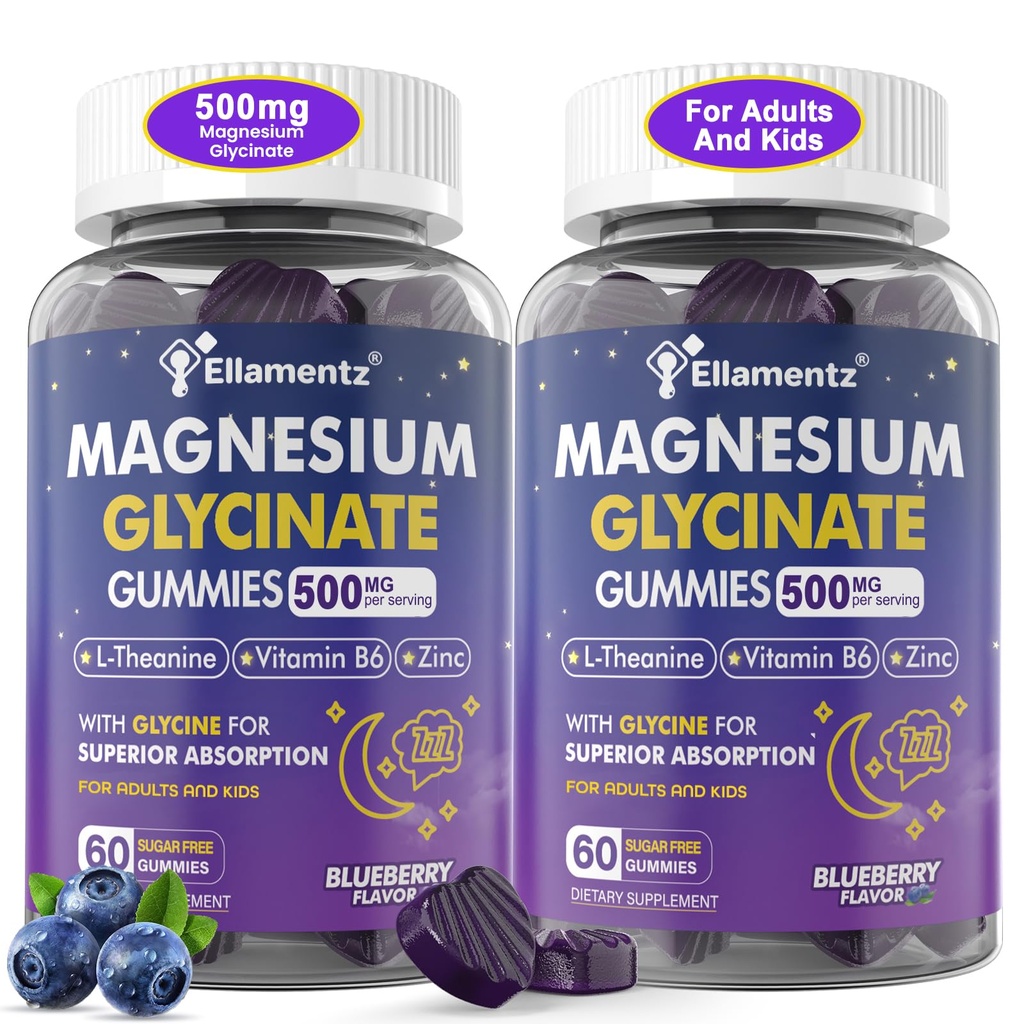 Magnesio Glycinate Gummies 500mg/250mg per Adulti Bambini adolescenti, Zucchero Gratuito Magnesio Calma Sleep Aid, Bambini Dormire Gummies con L-teanina Glycine B6 per il sonno, Calma, Muscolo,Relax cervello,Nessuna melatonina,2Pack