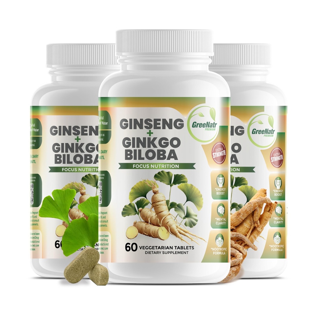 GreeNatr Ginko Biloba & Panax Ginseng Supplemento - Red Ginseng Brain Supplemento per Memoria e Focus - Ginkgo Biloba Integratori per Buona Visione, Sistema Immune e Flusso Del Sangue Migliorato - 3 Bottiglie