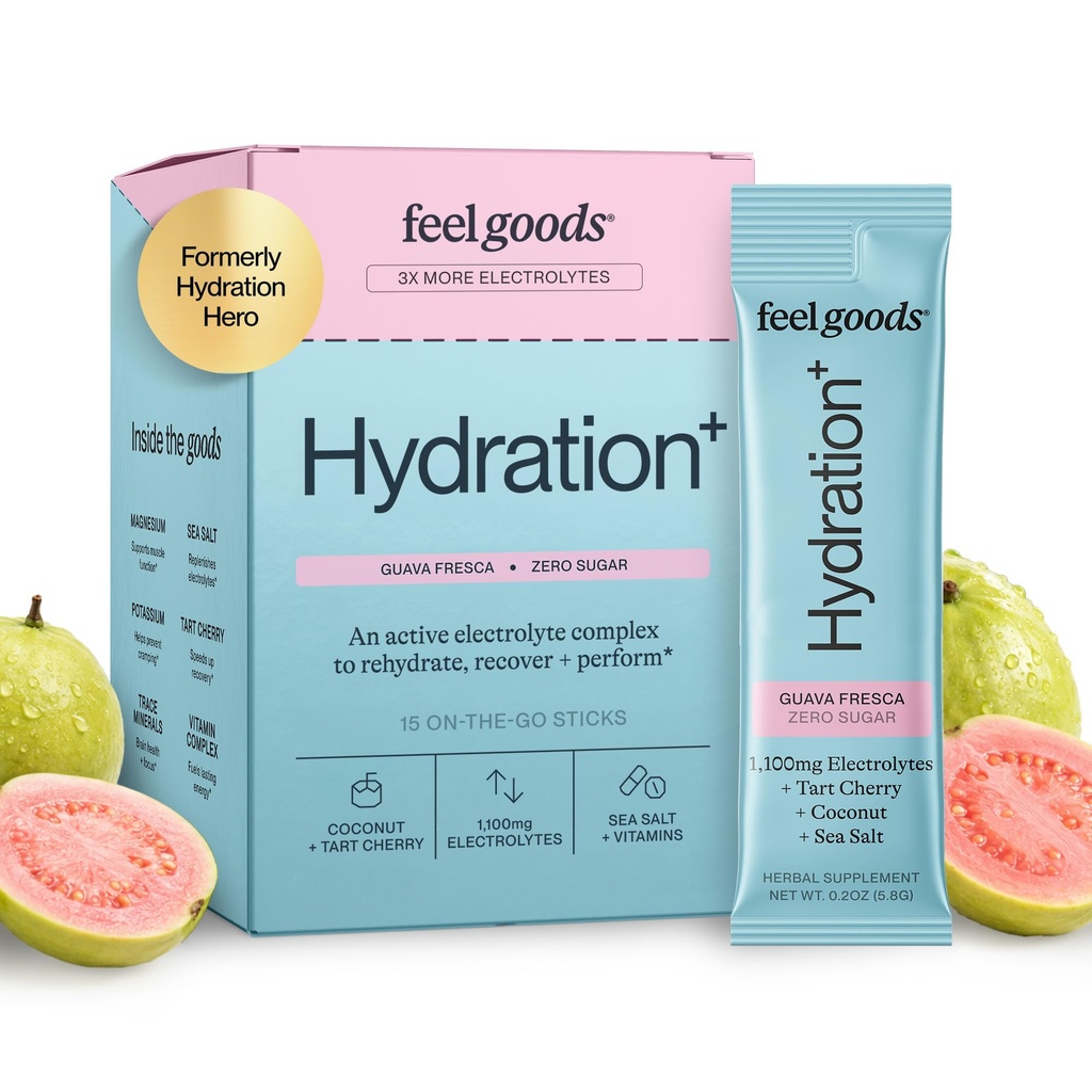 Feel Goods Hydration Hero, 1000mg Electrolytes Powder, Sugar Free, Magnesium, Organic Coconut Water, L Theanine, Vitamin C & B12, Non OGM, Keto, Vegan, Electrolyte Packets | Guava Fresca, 15 Conte