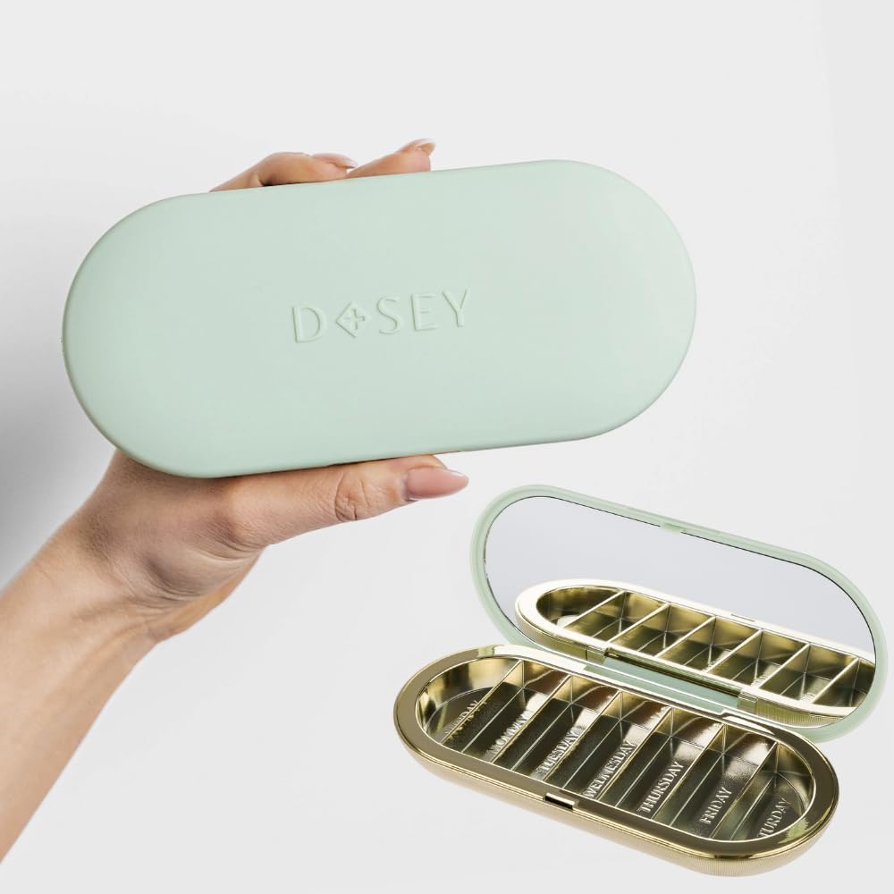 Dosey 7 giorni Pill Compact Travel Pill Organizer - Pill Case con 7 scomparti di pillole per lo stoccaggio e la protezione della medicina – Elegante e medico organizzatore con specchio, salvia