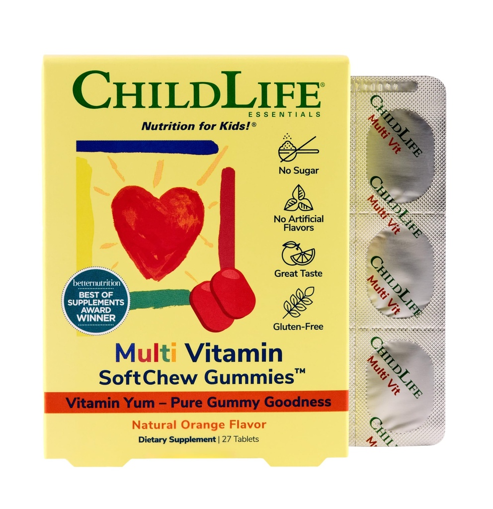 CHILDLIFE ESSENTIALS Bambini Multivitaminici SoftChew Gummies - Vitamine per bambini, Multivitamina per bambini, Multivitaminici, Vitamine per bambini, Vitamine per bambini masticabili, Zucchero gratuito - Arancione naturale, 27 compresse