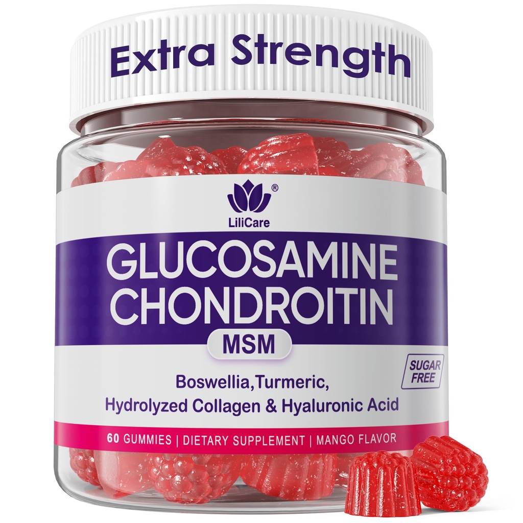 Glucosamina Condroitin Gummies, Zucchero Glucosamina Senza Glucosamina Integratore MSM, Resistenza Extra con Boswellia Turmeric, Collage idrolizzato & Acido Ialuronico, Salute Bone per Uomini & Donne, 60 Ct