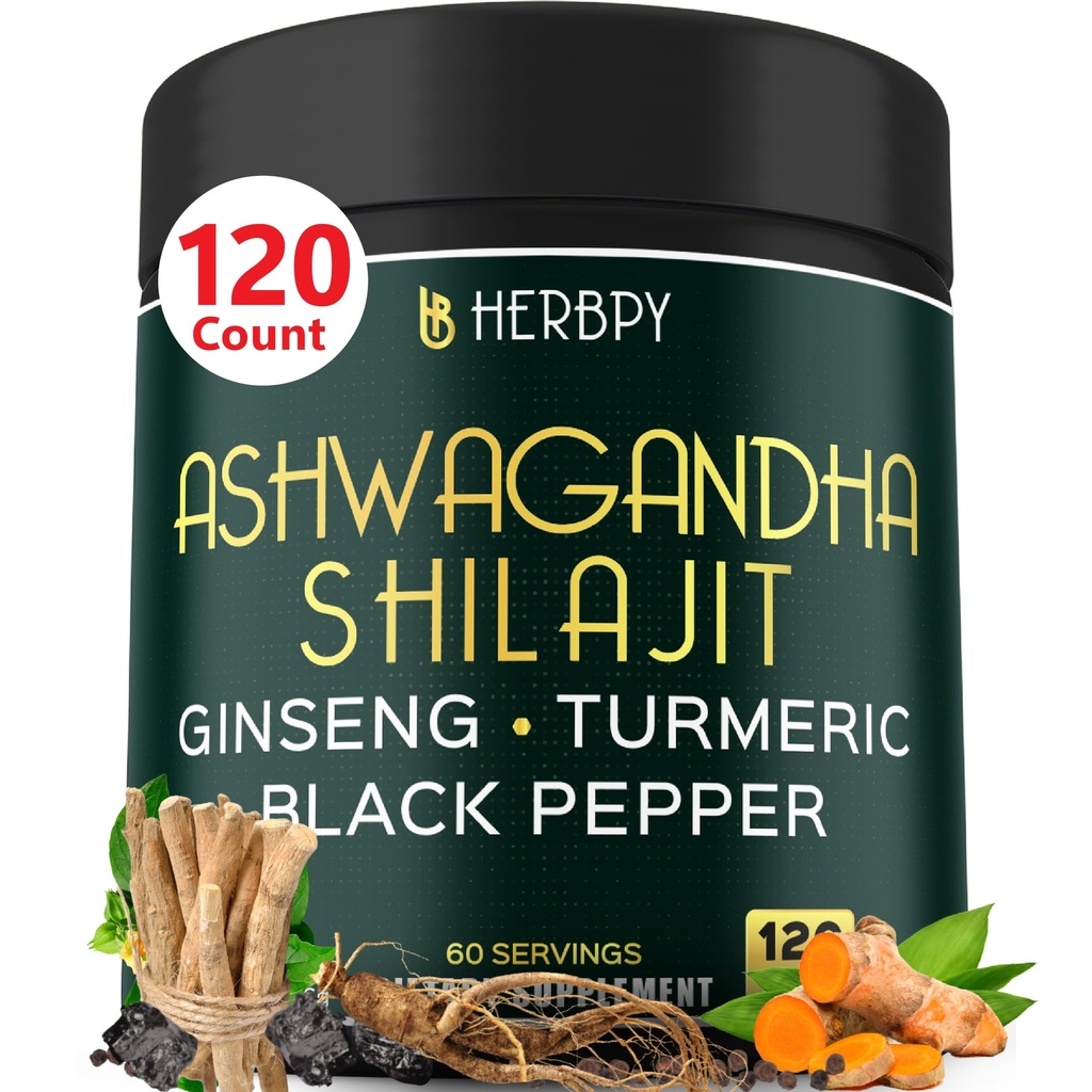 5in1 Ashwagandha Extra Forza con Shilajit per Stamina, Energy & Relax Support - Plus Ginseng, Turmeric Root & Black Pepper - 120 Count