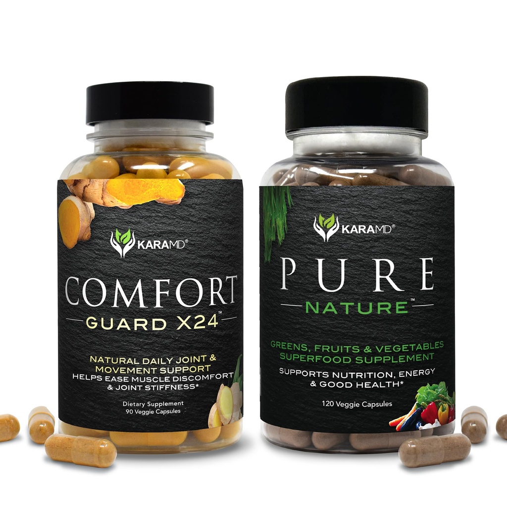 KaraMD Pure Nature & Comfort Guard Bundle | Verde alimento intero, frutta e verdura Supplemento + Movimento Supporto | Non OGM, Vegan, senza glutine (30 Serve Ognuno)