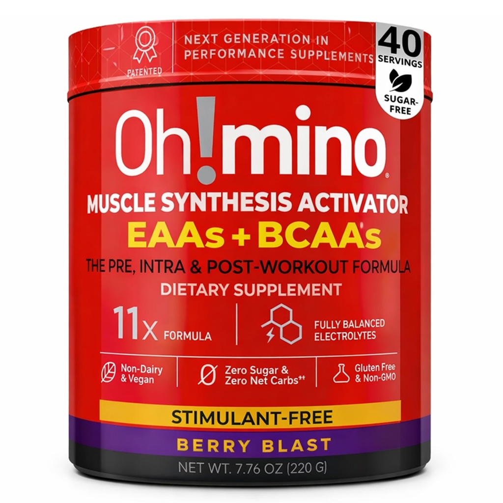 Oh!mino Aminoacidi essenziali supplemento. Polvere priva di stimolanti. Tutti 9 EAA, BCAA e l'ammino perfetto per allenamenti, amino energia, e per costruire il muscolo, e recuperare più veloce.