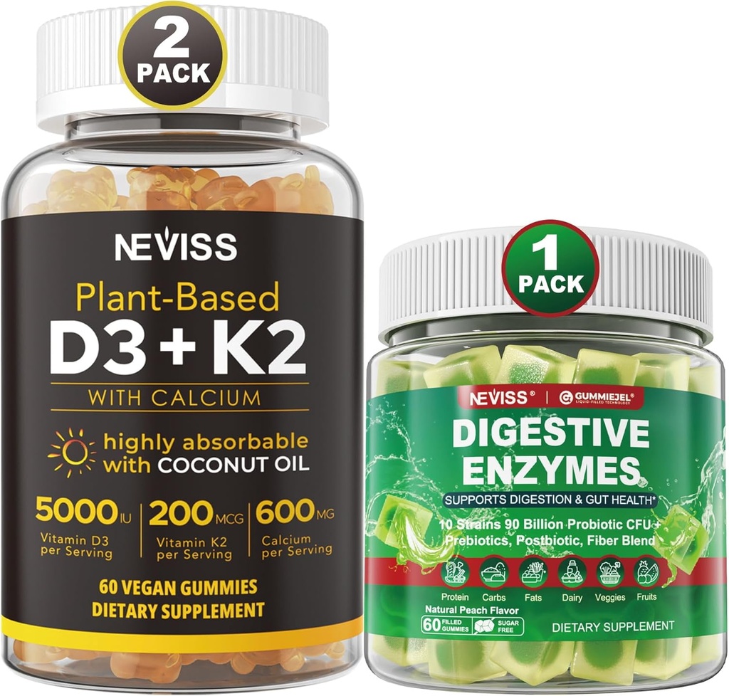 NEVISS Vitamina D3 5000iu & K2, Gummies di calcio e enzimi digestivi Gummies