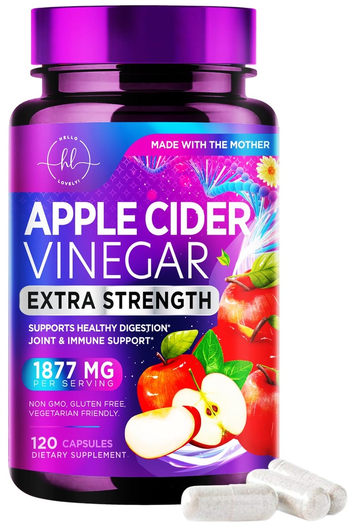 Aceto di sidro di mele capsule 1877mg - ACV ad alta resistenza Pillole con Vitamina D3 & Zinc - Supplemento di pillole per l'aceto di mele per la digestione, l'energia e il supporto immunitario, non OGM, in bottiglia negli Stati Uniti - 120 capsule