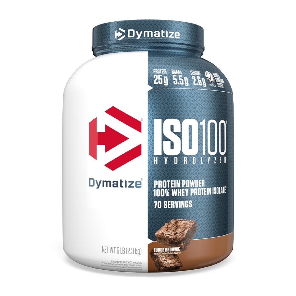Dymatize ISO100 Whey Protein Powder Isolate, Fudge Brownie, 25g di Protein, 5 Pound, 5.5g BCAA, Meno di 120 Cal., Gluten Free, 1g Fat, 1g Sugar, 2g Carb (70 Servings)