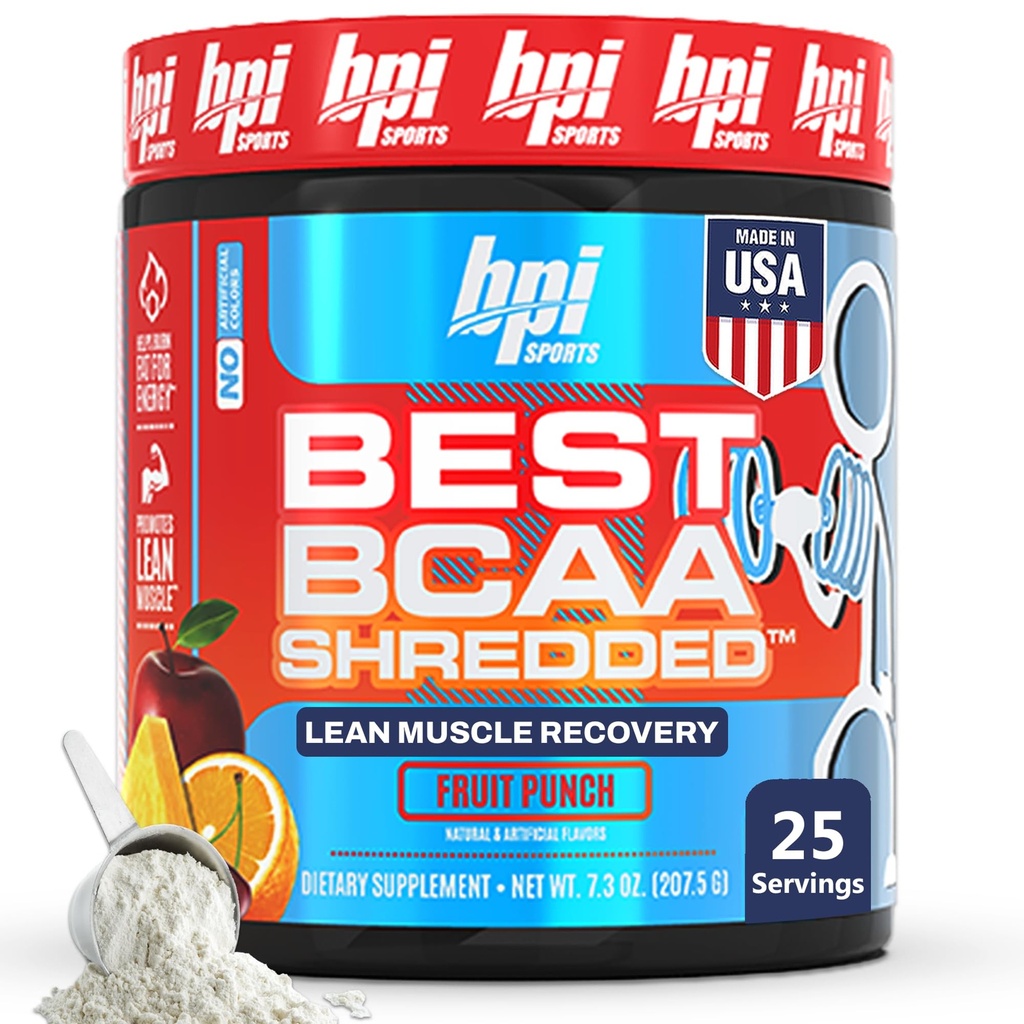 BPI Sports Best BCAA Shredded - Caffeina Free Thermogenic Recovery Drink, Lean Muscle Building Polvere BCAA per le donne e gli uomini, Preworkout BCAAs Aminoacidi Bere- Fruit Punch - 25 Servings