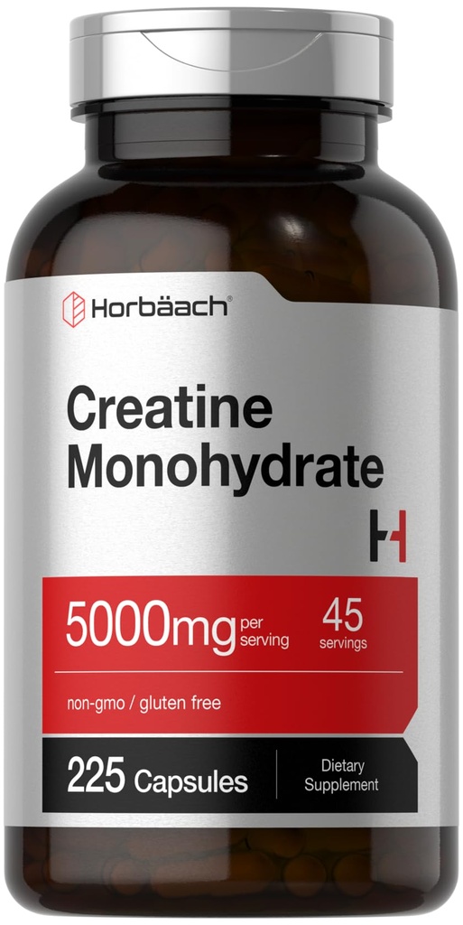 Horbäach Creatine Monohydrate | 5g | 225 capsule | Non OGM, Gluten Free Supplement