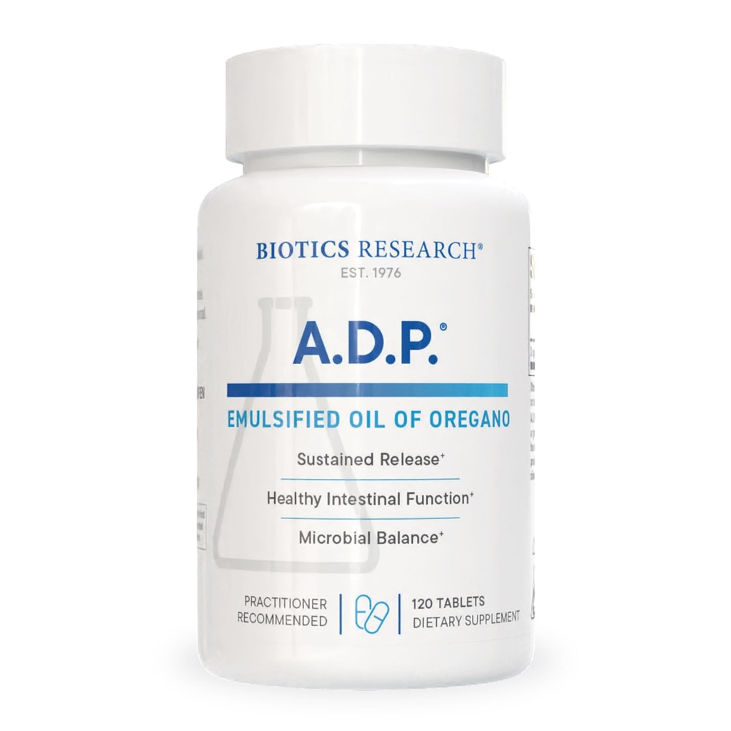 Biotics Research A.D.P. Olio emulsionato di Oregano Compresse per la salute del GI -Rilascio prolungato per l'assorbimento elevato Contiene Carvacrol, Olio di origano Selvatico 50mg/S - Formula brevettata -Non OGM –120 Compresse