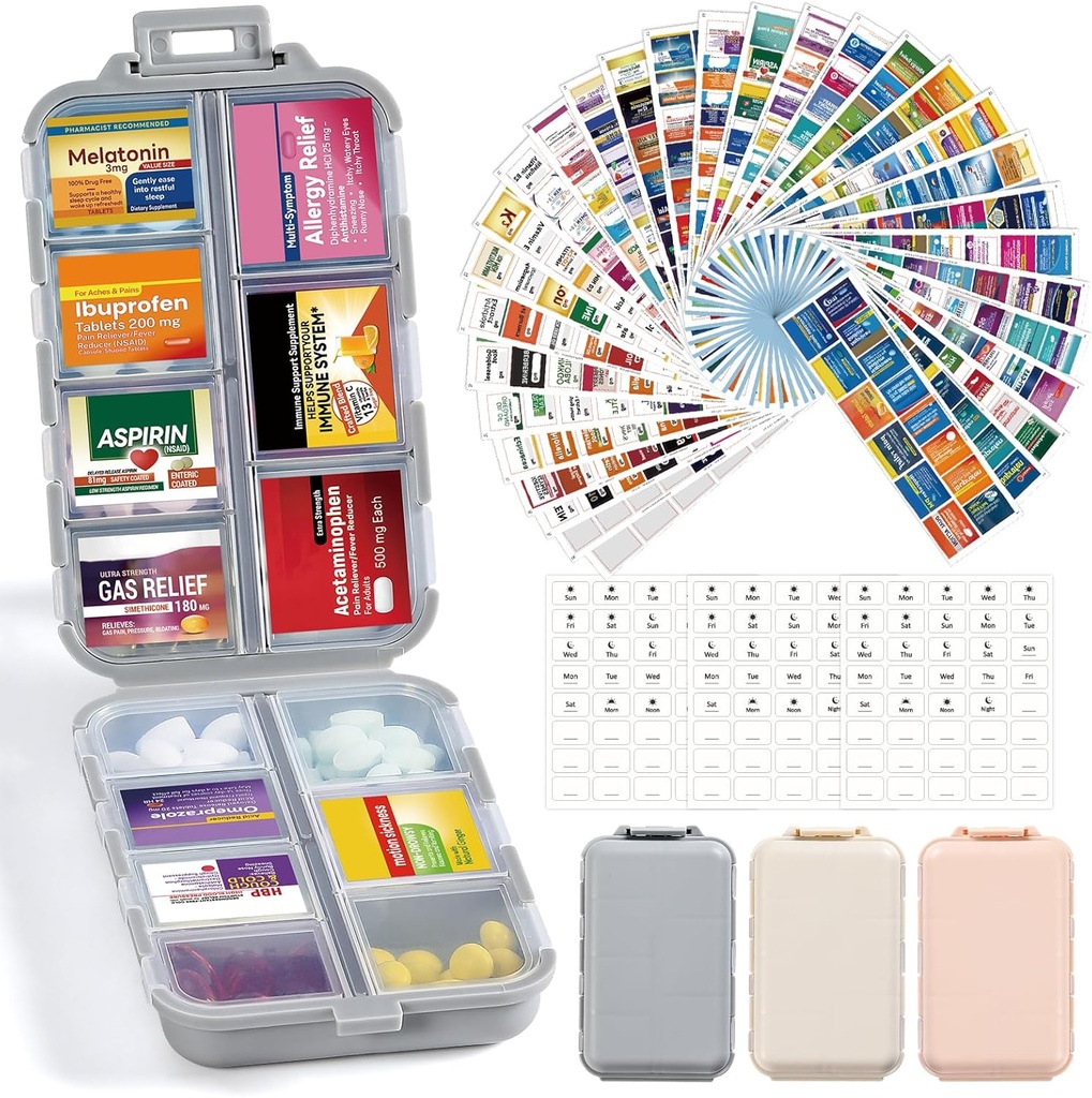 3 Pack 14 Grids Travel Pill Organizer Box con 415-Pcs nome di medicina Etichette - Pocket Daily Pharmacy Case Container Kit - Dispenser del supporto di viaggio per la conservazione della vitamina di olio di pesce