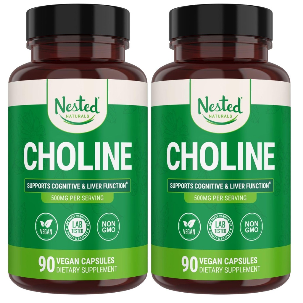 Nested Naturals Choline Bitartrate 500mg - Integratori di colina ad alta potenza - Supporta la salute materna e fetale durante la gravidanza* - 100% Vegan & non OGM - 2-Pack (180 capsule vegane)