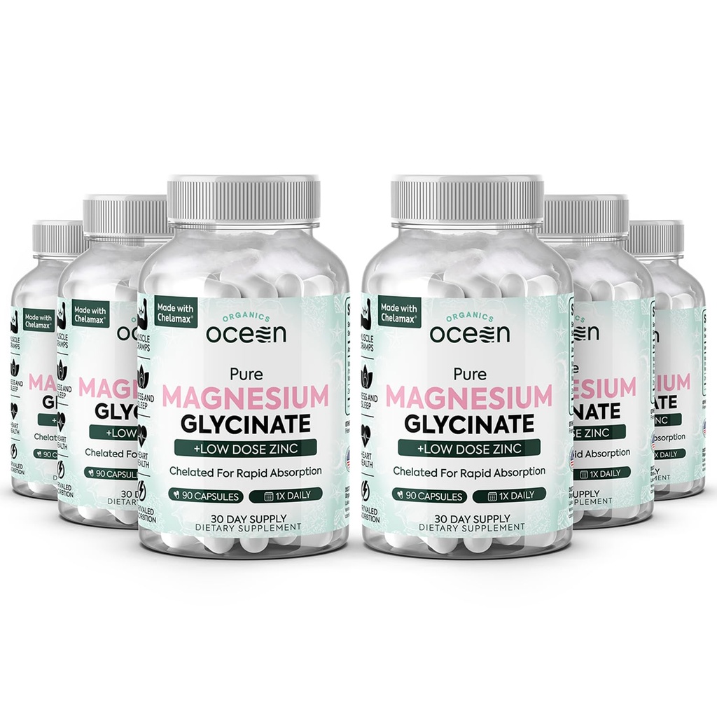 Organics Ocean Pure Magnesium Glycinate con zinco - Massima resistenza Chelated Magnesium Supplemento per le donne e gli uomini per Crampe muscolari e sostegno al sonno - 6 bottiglie