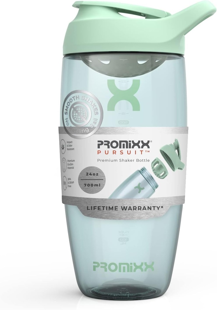 Promix Pursuit Protein Shaker Bottiglia (24 oz) – Silent No-Ball Mixer, Leak-Proof Lid, BPA/BPS & Phthalate-Free ECOZEN – Easy-Clean Shaker Cup for Protein Shakes, Pre & Post-Workout Smoothies