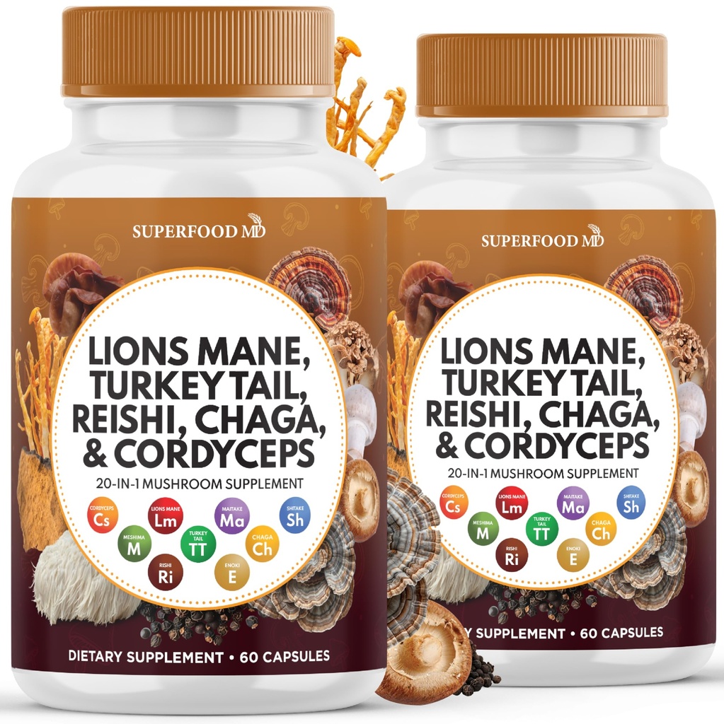 Leoni Mane Mushroom Supplemento con Turchia Tail Reishi Cordyceps Chaga con Marshmallow Root - 120 Conte