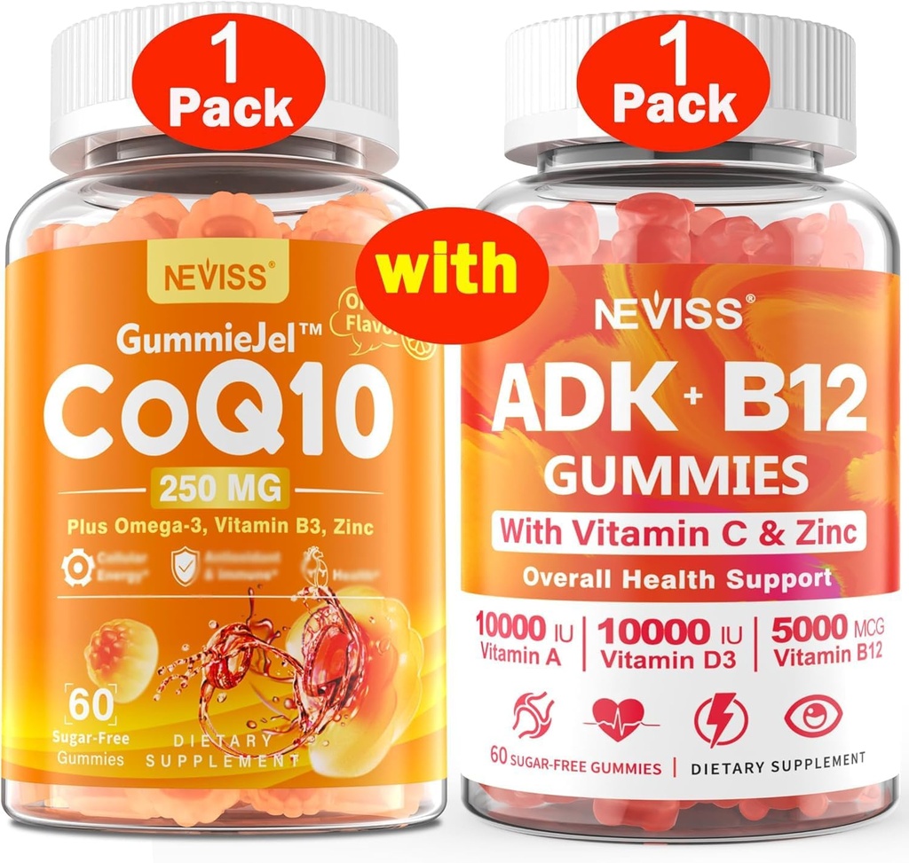 NEVISS 1Pack CoQ10-250mg Filled Gummies + 1Pack Vitamin ADK con B12 Gummies