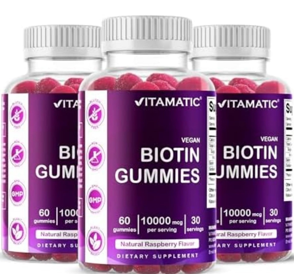Vitamatic Biotin Gummies 10.000 mcg per capelli più forti, pelle e unghie - 60 Vegan Gummies - Chiamata anche vitamina B7 (3 bottiglie)